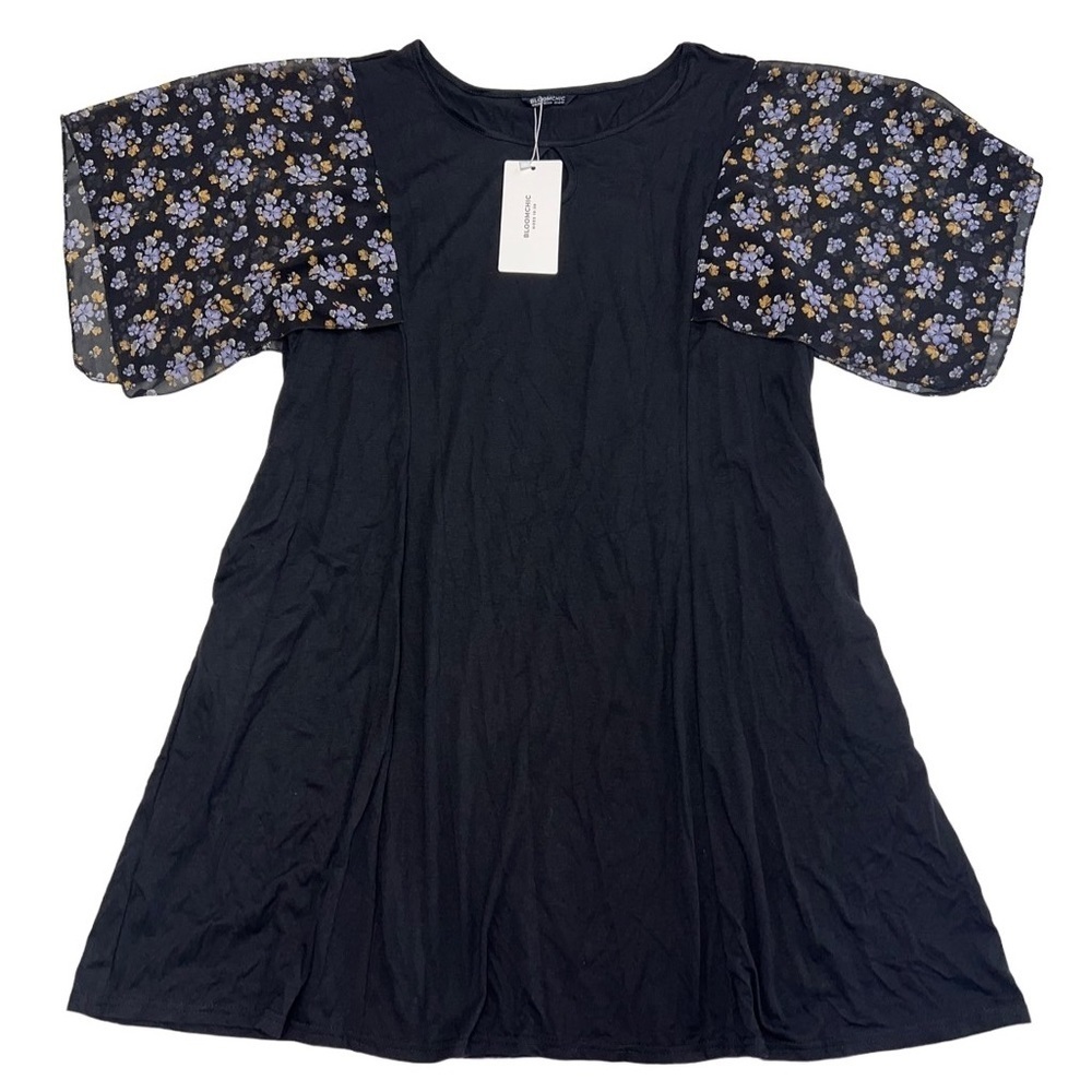 BloomChic Black Ditsy Floral Ruffle Sleeve Round Neck T-Shirt Size 18/20 NWT